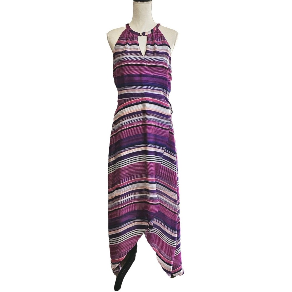 NWT Thalia Sodi Pink Purple Metallic Stripe Hi Low Faux Wrap Maxi Dress Size L